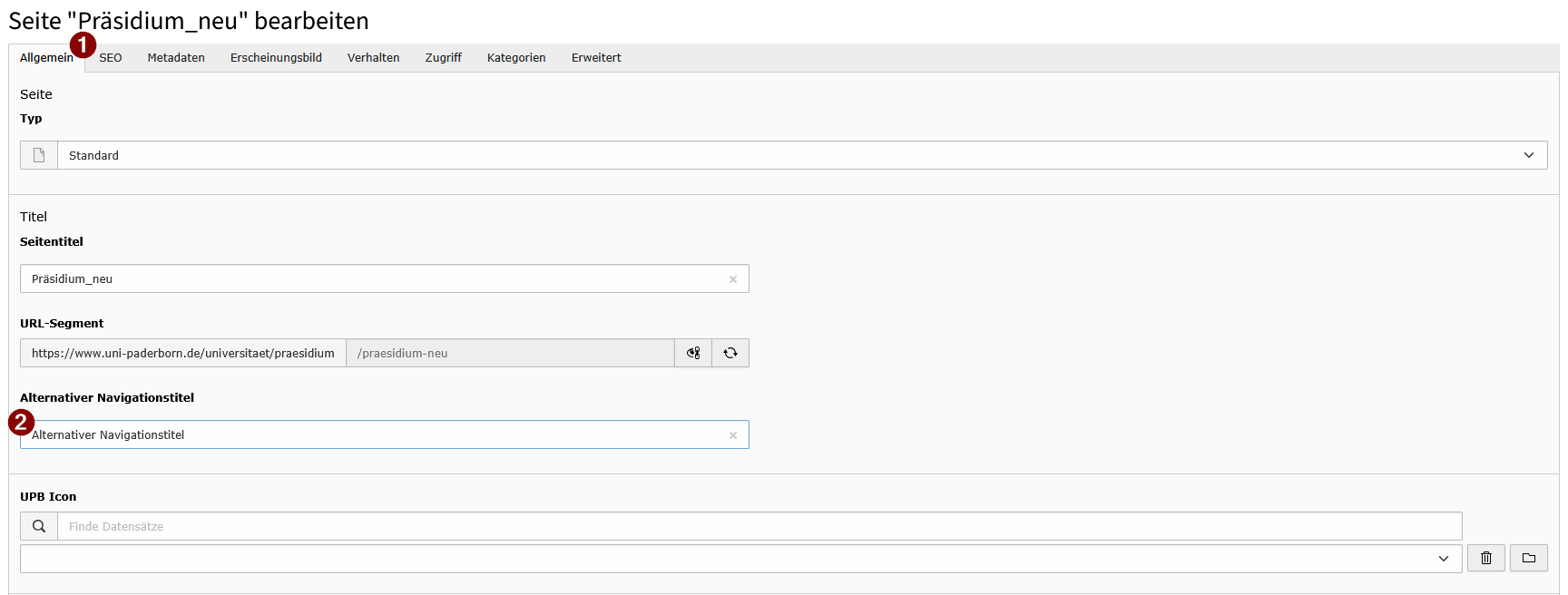 Screenshot TYPO3 – Burger-Menü: Funktion "Alternativer Navigationstitel" in den Seiteneigenschaften.